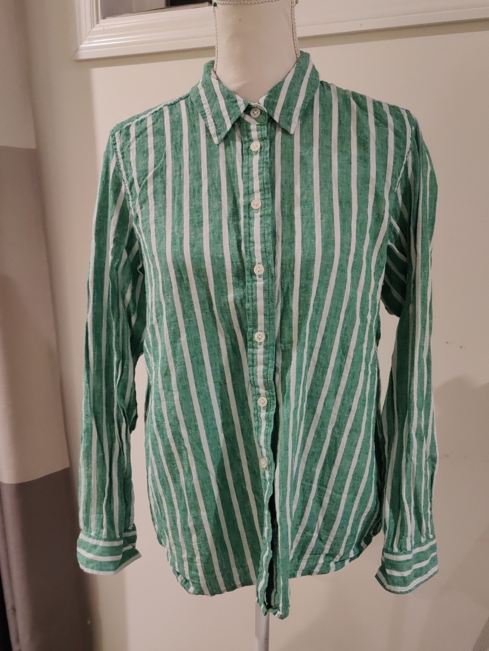 J. Crew Green/White Vertical Stripe Button-Down Shirt Cottagecore Y2K Aesthetic